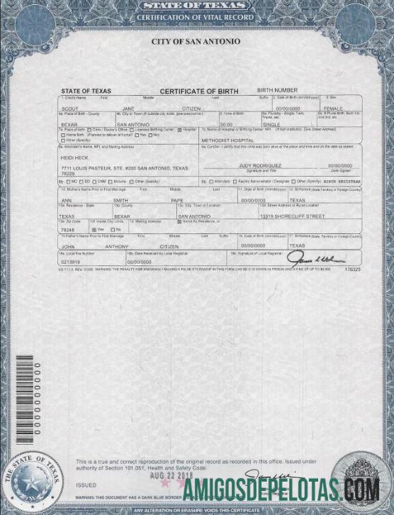 Certidão de Nascimento EUA Texas amostra